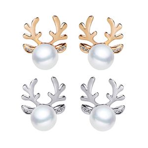 Luxury Pearl Antlers Stud Örhängen Julrene Elk Djur Rhinestone Crystal Silver Örhängen för Kvinnor Flickor Mode Smycken Gift
