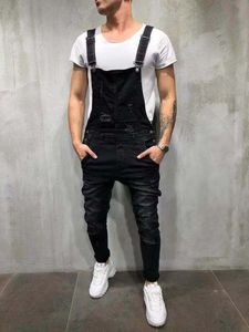 Pantalones Jean Hombre 2019 Salopette Uomo Salopette Tinta unita Jeans distrutti Foro Slim Fit Denim Tuta Uomo Jeans strappati