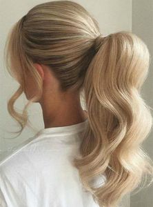 Rabo de cavalo Extensões de cabelo humano com Clip no envoltório uma peça sólida Mel loira rabo de cavalo Extensões de cabelo humano com Clip Enrole Chic Ponytails