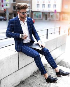 Klassischer Stil, zwei Knöpfe, blau kariert, Bräutigam-Smoking, Revers, Trauzeugen, Herrenanzüge, Hochzeit/Abschlussball/Abendessen, Blazer (Jacke + Hose + Krawatte) K409