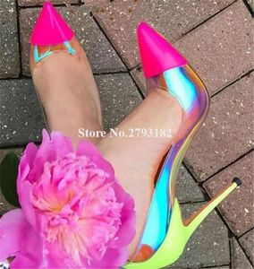 Kvinnor Lyxig Pekad Toe Rensa PVC Stiletto Heel Reflective Pumps Pink Yellow Patchwork Transparent High Heels Stor Storlek Skor