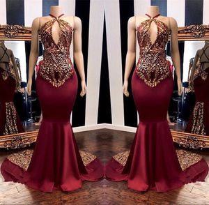 2019 Burgundy Halter Satin Mermaid Long Prom Dresses Lace Applique Criss Cross Floor Length Formal Party Evening Dresses BC1302
