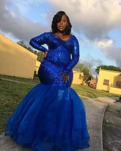 Custom Made Mermaid Long Sleeve Evening Dresses Plus Size Scoop Neck Trumpet Floor Length Shiny Sequined and Tulle Royal Blue Prom Dresses