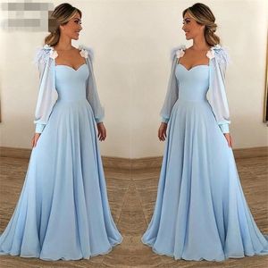 Azul Feito à Mão do bebê da flor Vestidos Querida mangas compridas A-Line Chiffon andar de comprimento ruched Prom Vestido Plus Size Robe De Soiree