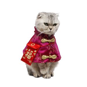 High Quality Pet Cat Chinese Tang Costume New Year Clothes with Red Pocket Festive Cloak Autumn Winter Warm Outfits for Cats Dog