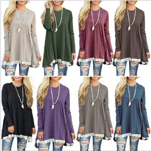 Kvinnor Lace T-shirts Girl Loose Långärmad Shirt Blouse Patchwork Long Lace Dress Round Neck Casual Tees Topps GGA2562