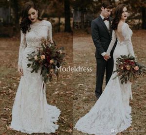 Style Bohemain Country Lace Mermaid Dresses Long Sleeves Backless Sweep Train Wedding Dress Bridal Gowns Vestidoe De Noiva