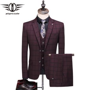 Men's Suits & Blazers Plyesxale Gray Burgundy Navy Blue Plaid Suit Men 2021 Spring Autumn Wedding For Groom Mens Fashion Casual Man Q869