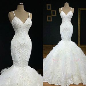Prawdziwe Suknie ślubne Mermaid 2020 Spaghetti Sweep Haft Pióro Plus Size Bride Gowns Custom Made Country Sukienka ślubna