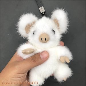 Branco-Real Genuine Fur Pig PiggyToy Chaveiro Bolsa Chaveiro Car Telefone Pandent