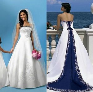 Nuovi abiti da sposa da spiaggia in raso bianco e blu caldi senza spalline ricamati cappella treno corsetto abiti da sposa su misura per la chiesa