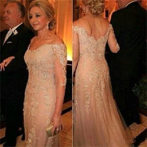 Vintage Mother Of The Bride Dresses Champagne Lace 3/4 Long Sleeves Evening Dress With Beaded Appliques Groom Mother Formal Prom Gowns