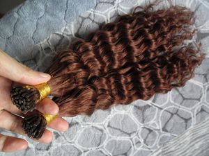 100％レミーヨーロッパIチップヘアエクステンションディープウェーブ100g 100ピースブラジルバージンヘアケラチンスティックチップヘアエクステンション