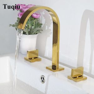 Rubinetto per lavabo Cromo / oro / nero Rubinetto quadrato in ottone montato sul ponte Lavandino del bagno Rubinetto per acqua calda e fredda a 3 fori con doppia maniglia