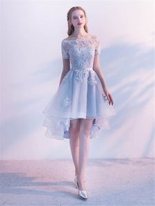 Light blue Short Sleeve Off The Shoulder Appliques Lace Prom Evening Dresses High And Low Tea Length Formal Dress