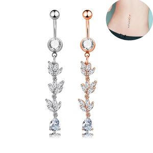 Silver Long Dangle Wasit Belly Dance Crystal Body Jewelry Rostfritt stål Rhinestone Navel Bell Button Piercing Dingle Rings for Women