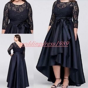 Elegant High Low Lace Evening Dresses 3/4 Long Sleeve Satin Party Prom Vestidos De Festa Pageant Mother Of the Bride Formal Gowns