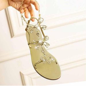 Hot Sale-Summer Casual Shining Crystal Bow Chained Flat Sandals Women Gold Luxury Rhinestone Gladiator Chic Shoes Sandles