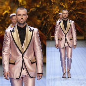 High Quality One Button Pink Satin Wedding Groom Tuxedos Peak Lapel Groomsmen Men Formal Prom Suits (Jacket+Pants+Vest+Tie) W181