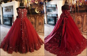 Red Flower Girls Dresses Sleeveless Crystal Appliques Lace Up Tulle Pageant Dresses Floor Length Girls Party Gowns
