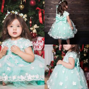 Cute Mint Green Princess Flower Girl Girls Sukienki 2019 Nowe Handmade Loste Handmade Ruffles Krótka mała dziewczynka korowód suknie