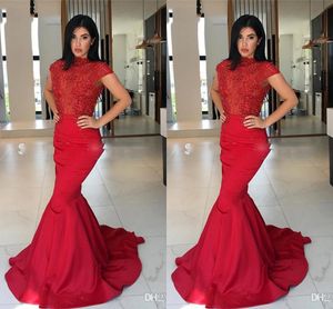 Dubai Aarbic Rot Plus Size Meerjungfrau Abendkleider Jewel Neck Perlen Bodenlangen Abendkleid Formelle Kleidung Abendkleider Abendkleider
