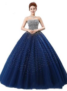 2019 Royal Blue Billigste Stock Ball Gown Quinceanera Klänningar Beaded Sweet 16 År Lace-Up Prom Party Evening Gown Vestidos de 15 Anos QC1407