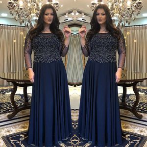 Vintage Mörk Navy Långärmade Moder av bruden Klänningar Elegant Sheer Appliques Sequins Party Gowns for Women Plus Size SD3408