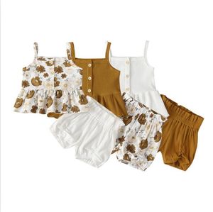 Wholesale ruffled baby clothes resale online - Baby Girls Floral Printed Clothing Sets Kids Suspender Top Ruffle Shorts Suits Children Summer Fashion Article pit Camisole PP Pants PY463