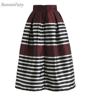 Wholesale-2018 Autumn Women Retro Classic Black White Striped Print High Waist Pleated Midi Skirt in Wine