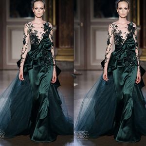 Zuhair Murad Prom Dresses Dark Green Illusion Sheer Neck Evening Dress Satin Lace Appliqued Celebrity Red Carpet Fashion Dresses