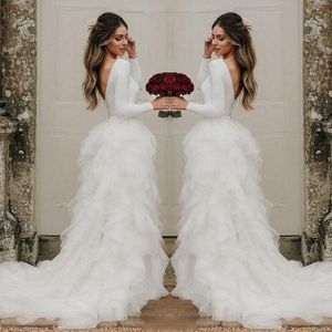 Eleganckie Długie Rękawy Suknie Ślubne Sexy Backless Wielopoziomowy Tulle Ruffles Suknie Ślubne Sweep Pociąg Dress Wedding Dress Custom