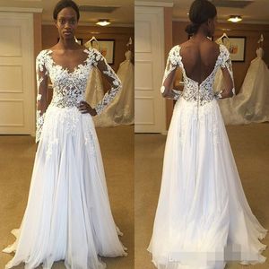 Abiti Bateau Boho Sheer Neck Illusione Lunga maniche lunghe Applique Chiffon Lunghezza in chiffon Abito da sposa da sposa