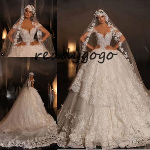Wholesale sparkly puffy wedding dresses resale online - Puffy Skirt Lace Applique Wedding Gown Sparkly Luxury Cap Sleeve Cathedral Train Baroque Arabic Dubai Wedding Dress