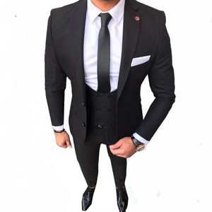 Slim Fit iki düğmeler siyah düğün Damat Smokin Notch Yaka Groomsmen erkekler balo Blazer Suits (ceket + pantolon + yelek + kravat) NO: 1967