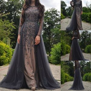 2019 Latest Designed Evening Dresses Jewel Lace Appliques Long Sleeve Prom Gowns with Detachable Train Formal Party Dress