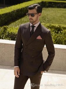 New Arrivals Double Breasted Brown Groom Tuxedos Peak Lapel Groomsmen Best Man Blazer Mens Wedding Suits (Jacket+Pants+Tie) D:343