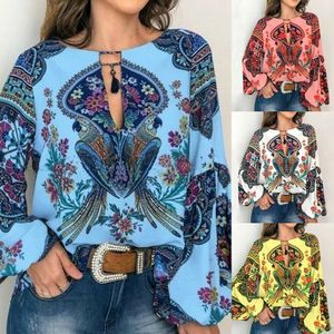 Neue Floral Casual Bluse 2024S Arbeit V-ausschnitt Lange Laterne Hülse Oversize Bluse T Shirt Tops S Bis 3Xl Blusen für Frauen Plus Größe ops o s größe