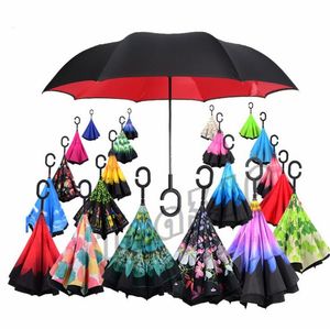 Newest Windproof Reverse Umbrella Folding Double Layer Inverted Rain Umbrella Self Stand Inside Out Rain Protection C-Hook Hands I479