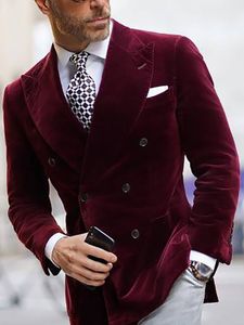 Mode Bourgogne Velvet Groom Wear Slim Fit Double Breasted Peaked Lapel Mens Business Formal Prom Tuxedos Man Blazer Suit 1 276y