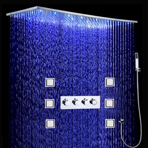Bathroom LED Shower Set 500x1000MM Ceiling Large Rain ShowerHead Panel Thermostatic Shower Faucets With Massage Body Jets