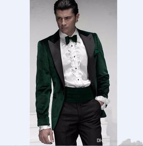 Green Velvet Groom Tuxedos Black Peak Lapel Groomsmen Suknia Ślubna Jesień Winter Styl Mężczyźni Formalny Party Prom Suit (Kurtka + Spodnie + Krawat + Hasło) 8