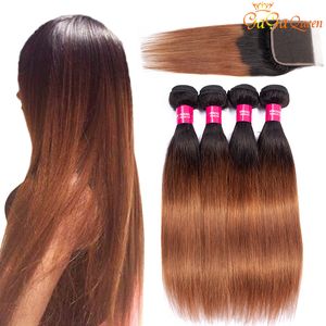 Ombre Brazilian Straight Hair Blundles 4x4 Closure 1B/30 레이스 폐쇄 직선형 머리카락 직조 Gagaqueen 머리카락