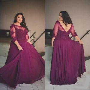 Elegancki Plus Size Formalne sukienki z rękawami Scoop Neck Linia Długość podłogi Wino Czerwona Koronka i Szyfonowe Plus Size Prom Dresses