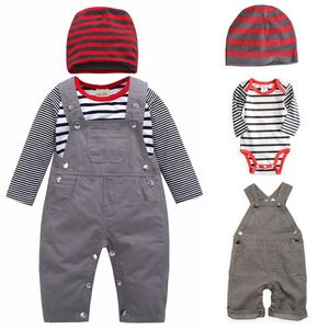 Bebek Suspender Giyim Çocuk Çizgili Romper + Suspender Pantolon + Çizgili Şapka 3pcs / set Bahar Çocuk Nedensel Pamuk Kıyafetler M1295 ayarlar
