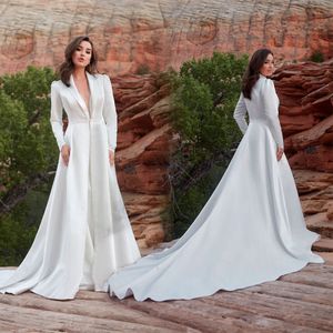 A Line Wedding Dress Deep V Neck Long Sleeve Satin Wedding Dresses Tulle Court Train Dreamy Bohemian Bridal Gowns