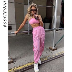 Boofeenaa Pembe Seksi İki Parçalı Set Kırpma Üst Ve Kargo Pantolon Suits Streetwear Eşofman Kadın Yaz Giysileri Eşleştirme Setleri C68AE64 Y19062601