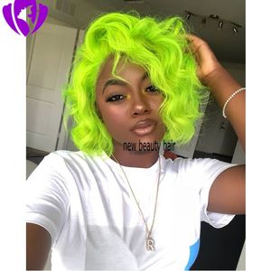 Handbundet mynta grön färg korta syntetiska peruker värmebeständig djup kroppsvåg brasiliansk jungfru hår full spets frambob peruker för kvinnor