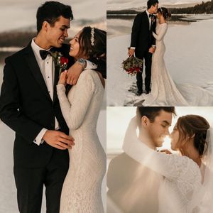 Gorgeous Mermaid Modest Dresses Full Lace Appliqued Long Sleeve Bridal Gowns Jewel Neck Sweep Train Wedding Dress