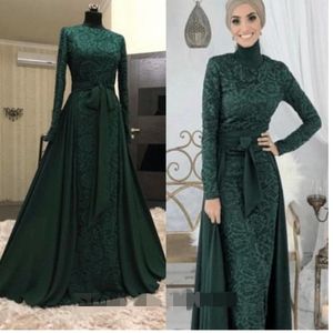 Ciemnozielone Muzułmańskie Suknie Wieczorowe Koronki Celebrity Zdejmowany pociąg Długie Rękawy Formalne Robe De Soiree Mother Party Suknia